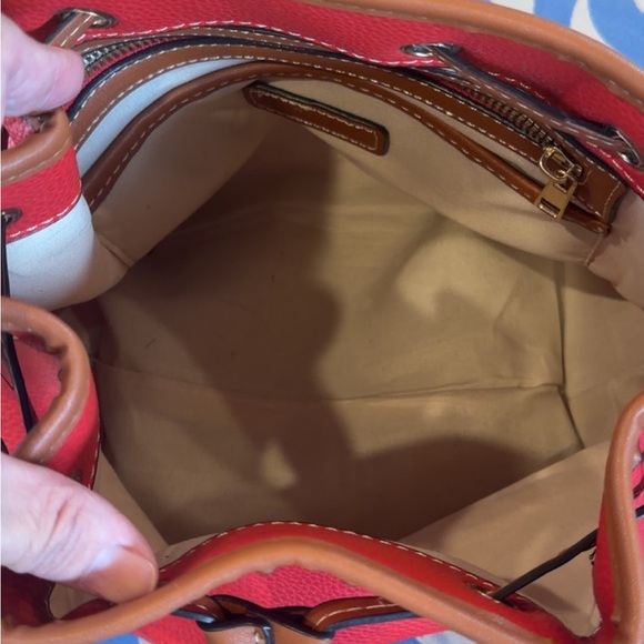 Dooney & Bourke Red Bucket Shoulder Bag with Tan Trim - Picture 3 of 3